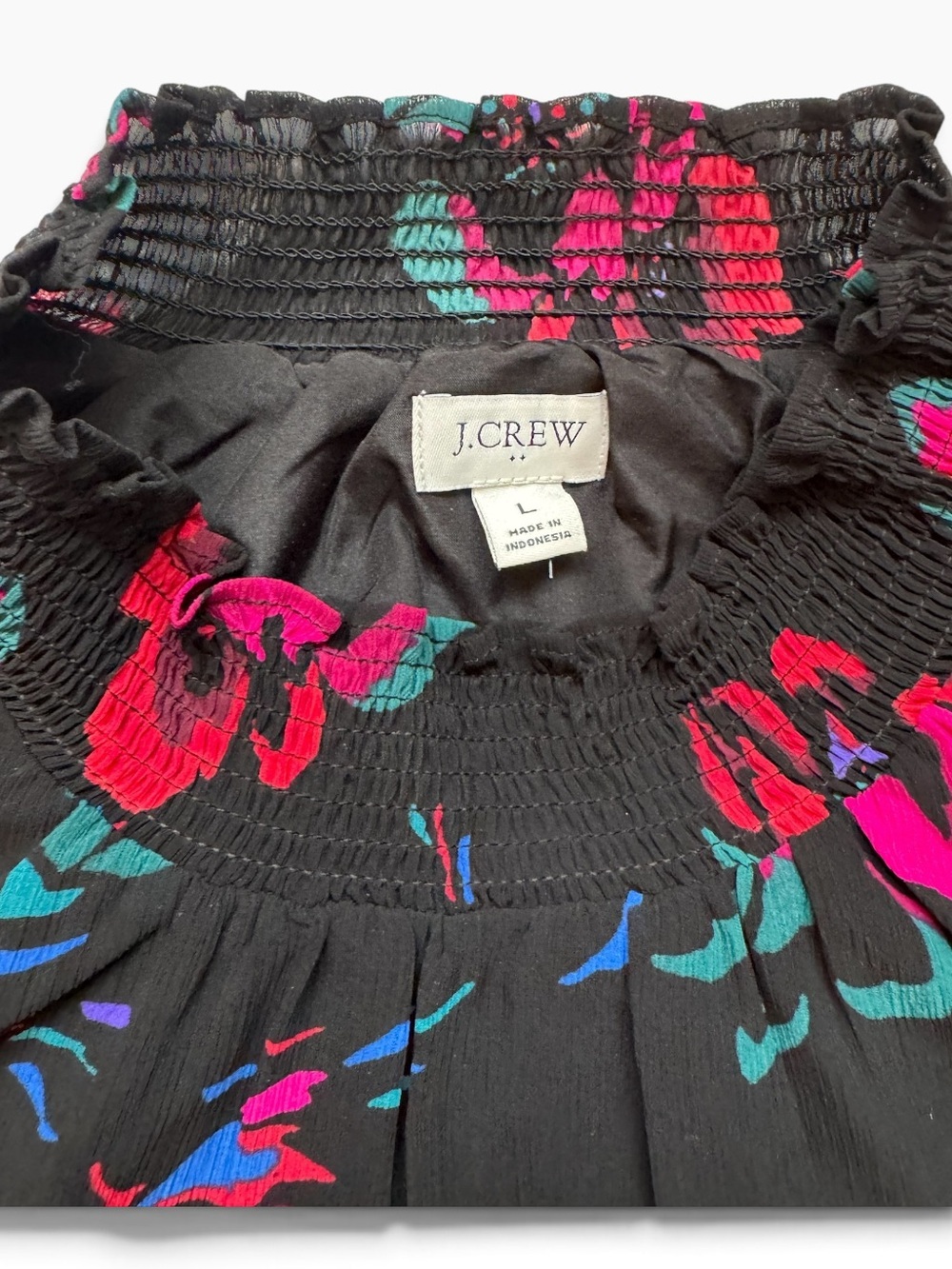 J.Crew Black Floral Smocked Neck Long Sleeve Blouse Size Larg - Picture 3 of 4